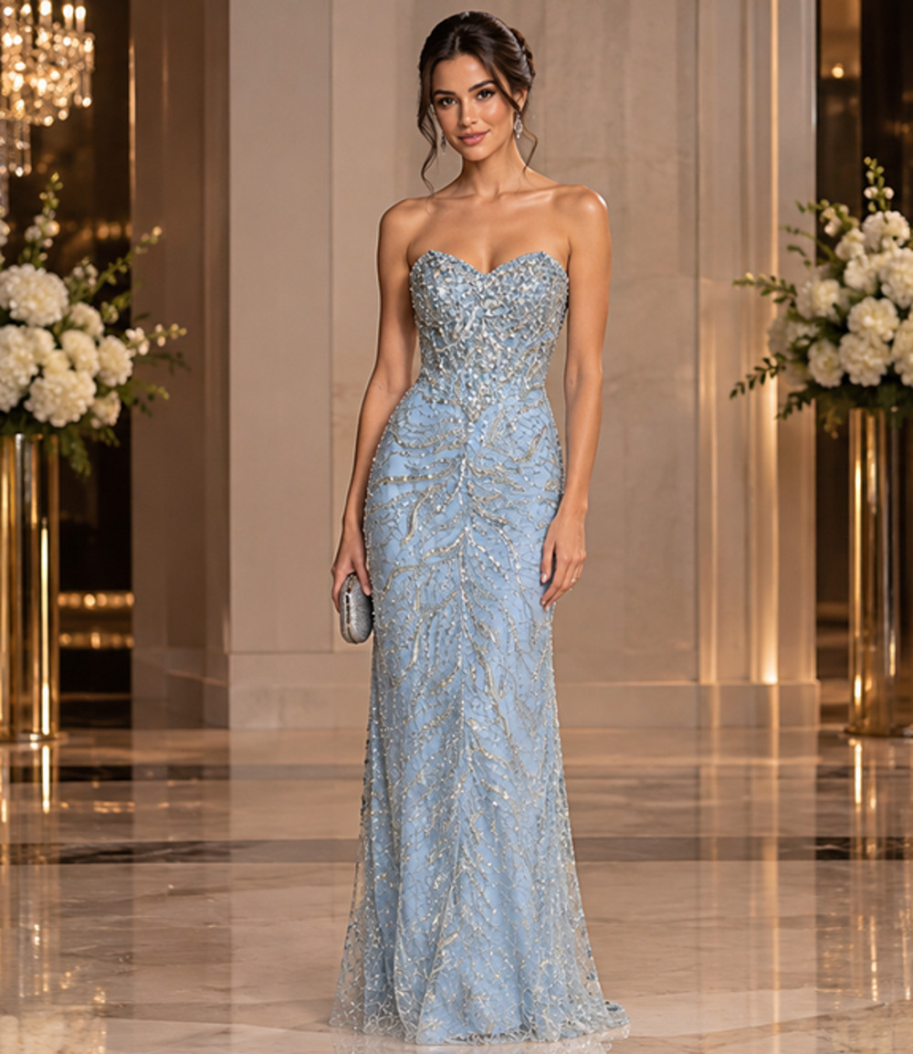 NWT Mac Duggal 20544 Powder Blue Silver Sequin Beaded Trumpet Gown Sz 4 Prom Gla